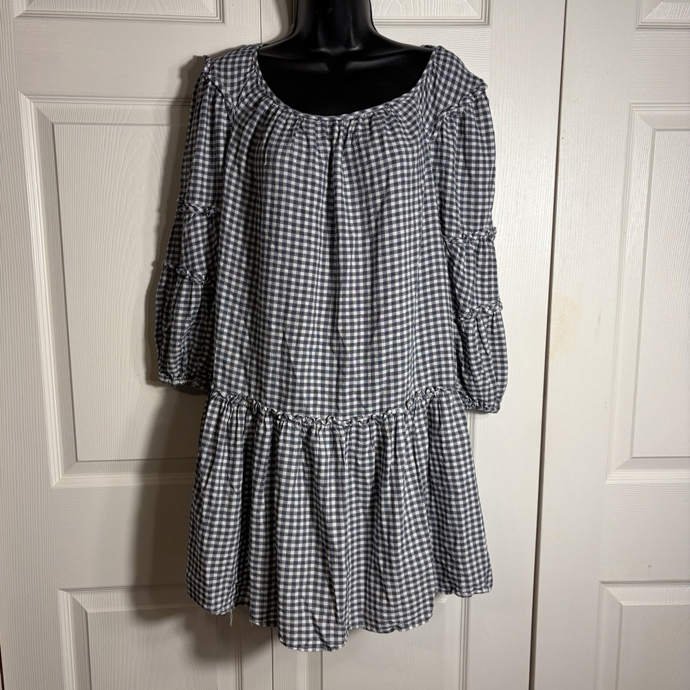Max Studio Tiered Dress Women S Blue White Gingham Check Long Sleeve Cottagecore
